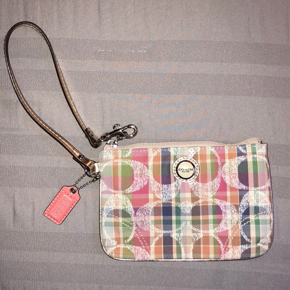 Multicolored Pop Madras Coach Wristlet.